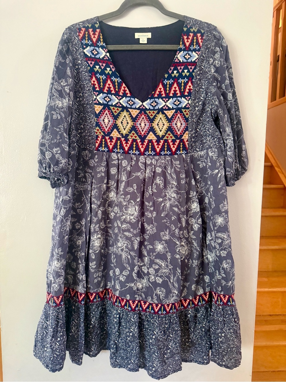 Sundance Navy Floral Boho Dress with Multicolor Embroidered Yoke Sz L